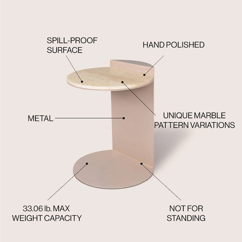 Contemporary Natural Marble Metal C-Shaped End Table, Beige/Pink Beige