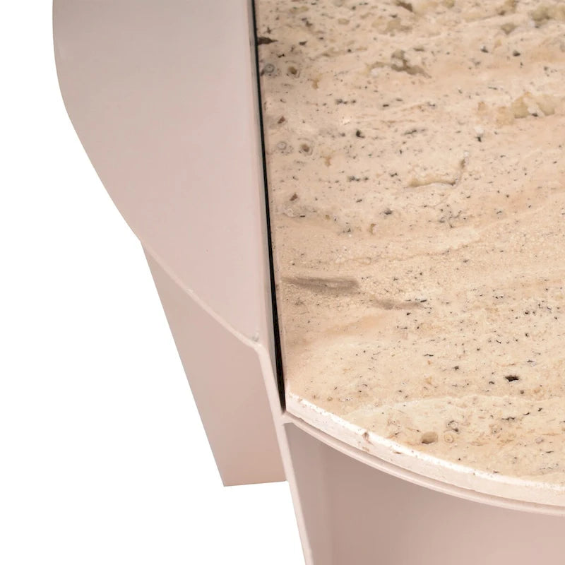 Contemporary Natural Marble Metal C-Shaped End Table, Beige/Pink Beige