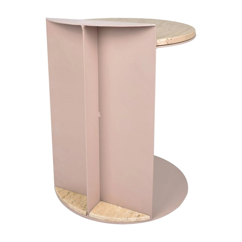 Contemporary Natural Marble Metal C-Shaped End Table, Beige/Pink Beige