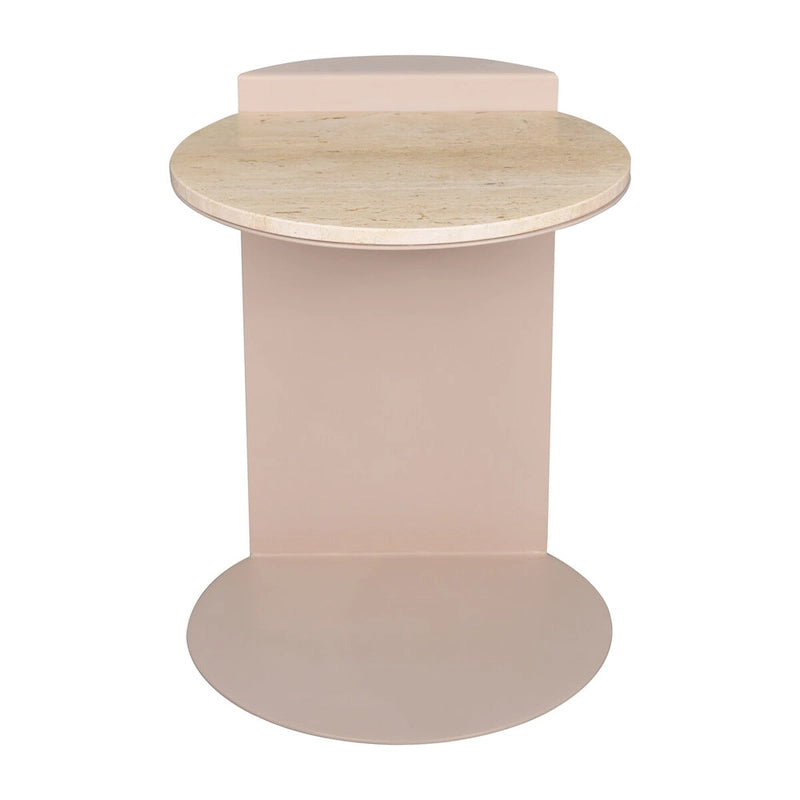 Contemporary Natural Marble Metal C-Shaped End Table, Beige/Pink Beige