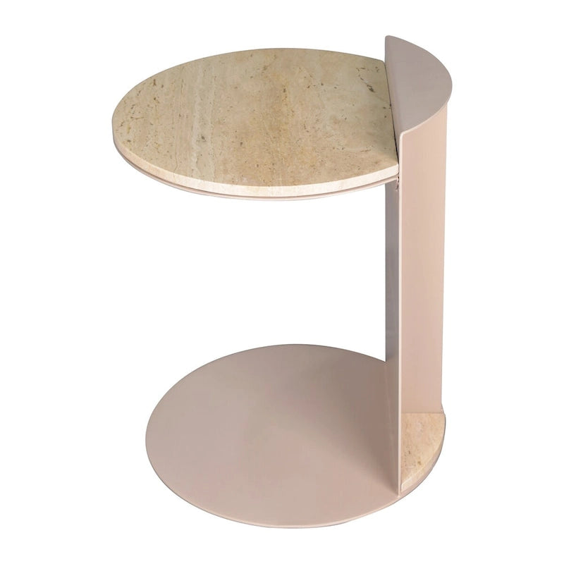 Contemporary Natural Marble Metal C-Shaped End Table, Beige/Pink Beige