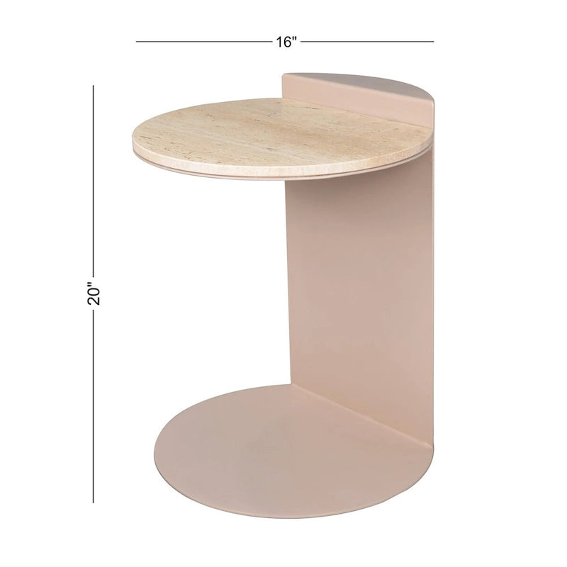 Contemporary Natural Marble Metal C-Shaped End Table, Beige/Pink Beige