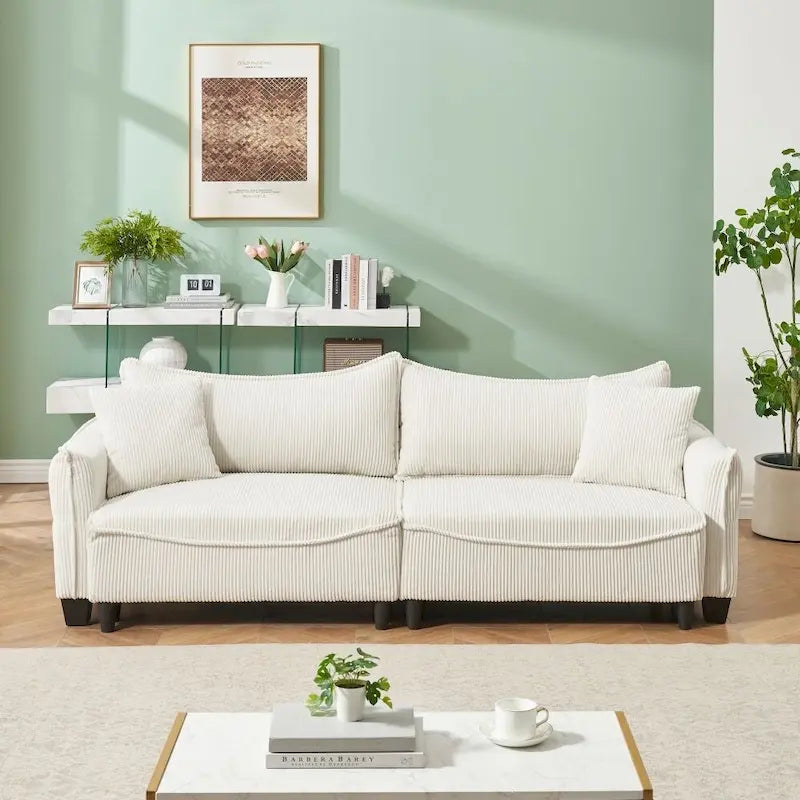Green Corduroy Fabric Convertible Sofa Bed with Two Throw Pillows