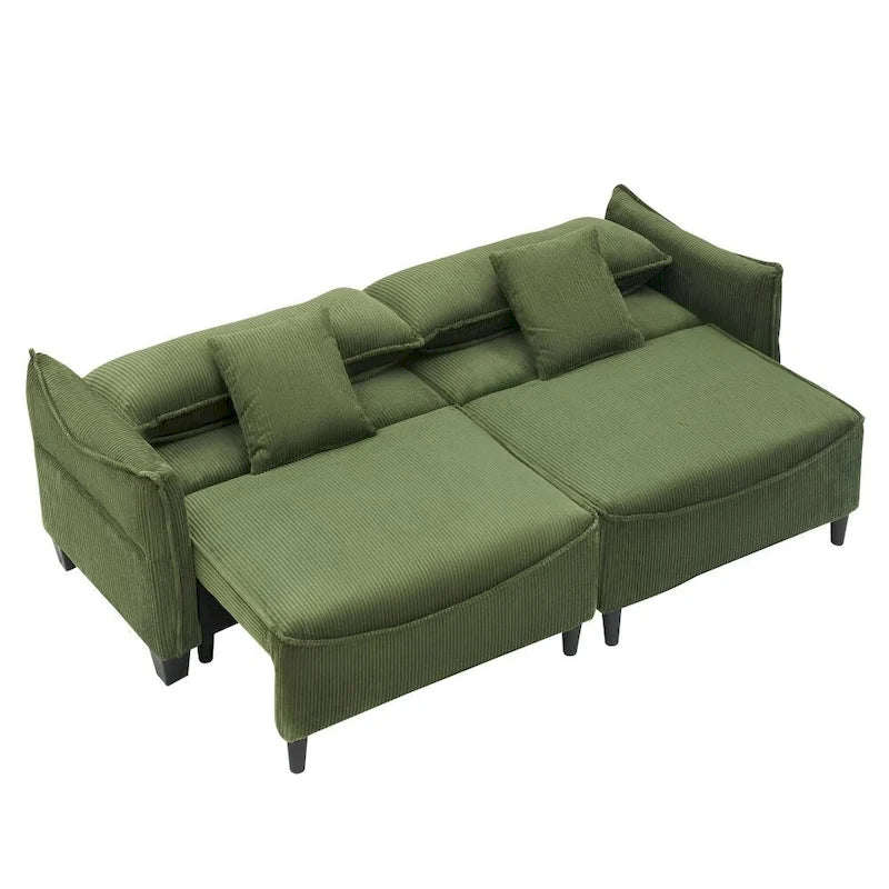 Green Corduroy Fabric Convertible Sofa Bed with Two Throw Pillows