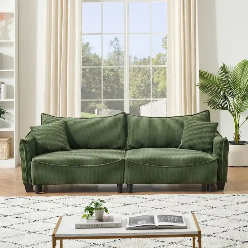 Green Corduroy Fabric Convertible Sofa Bed with Two Throw Pillows