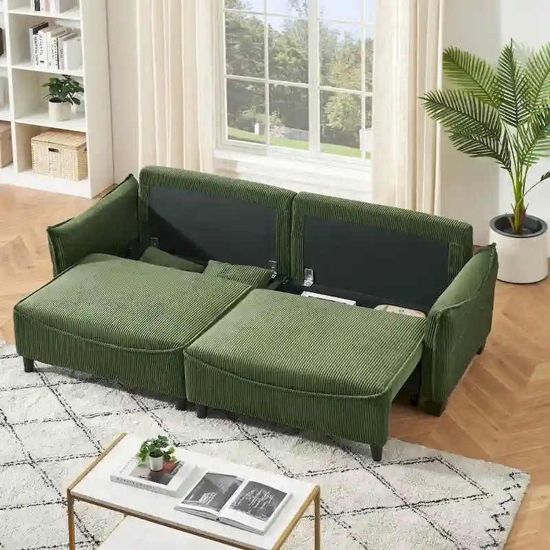 Green Corduroy Fabric Convertible Sofa Bed with Two Throw Pillows