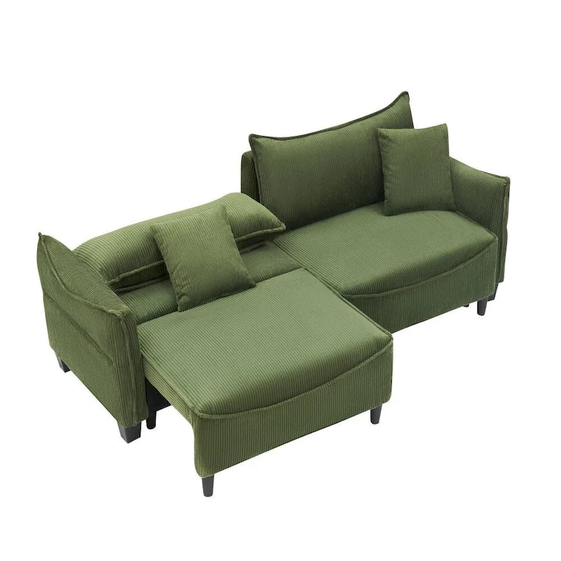 Green Corduroy Fabric Convertible Sofa Bed with Two Throw Pillows