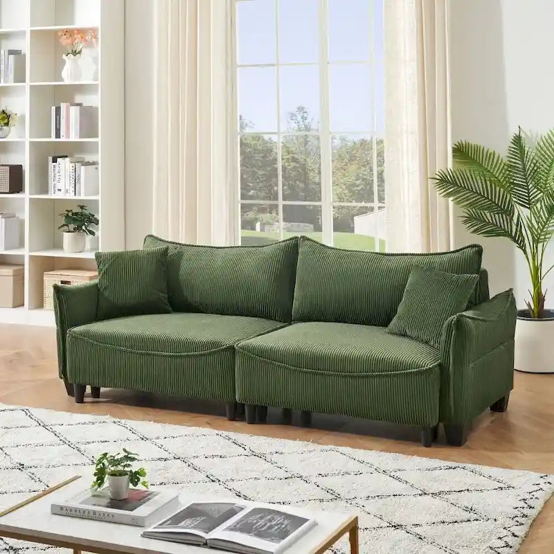Green Corduroy Fabric Convertible Sofa Bed with Two Throw Pillows