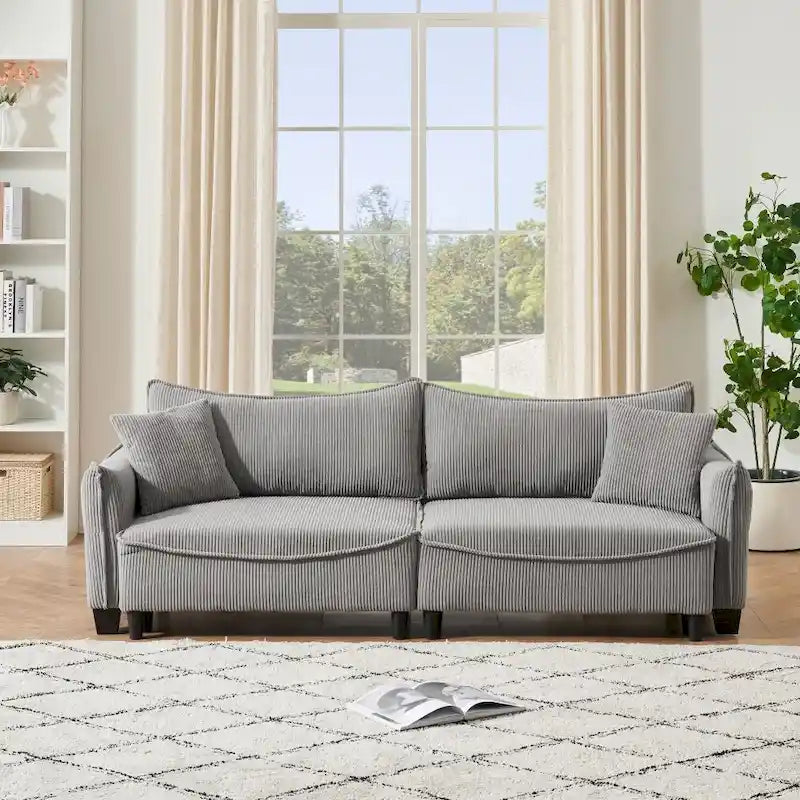 Green Corduroy Fabric Convertible Sofa Bed with Two Throw Pillows