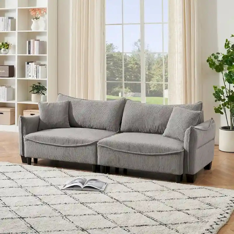 Green Corduroy Fabric Convertible Sofa Bed with Two Throw Pillows