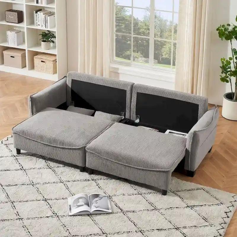 Green Corduroy Fabric Convertible Sofa Bed with Two Throw Pillows