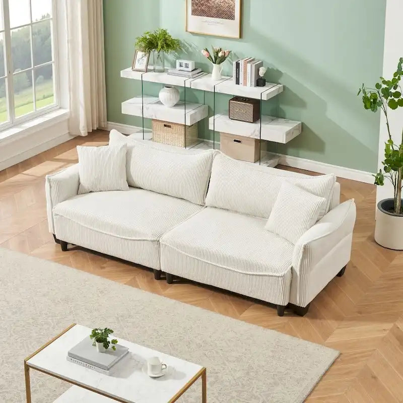Green Corduroy Fabric Convertible Sofa Bed with Two Throw Pillows