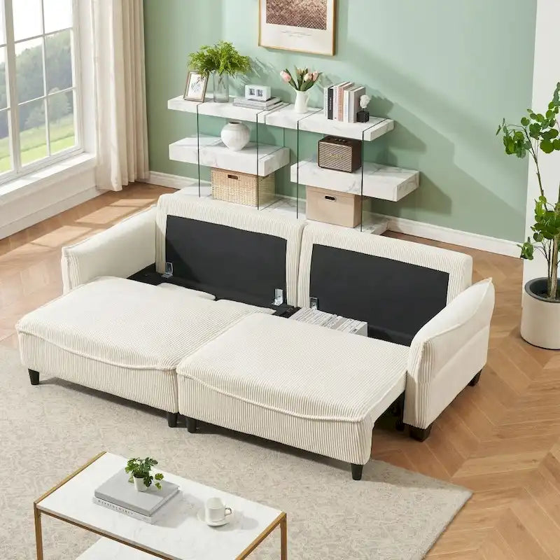 Green Corduroy Fabric Convertible Sofa Bed with Two Throw Pillows