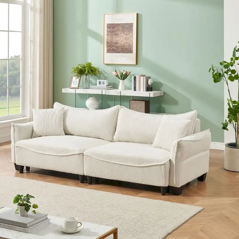 Green Corduroy Fabric Convertible Sofa Bed with Two Throw Pillows
