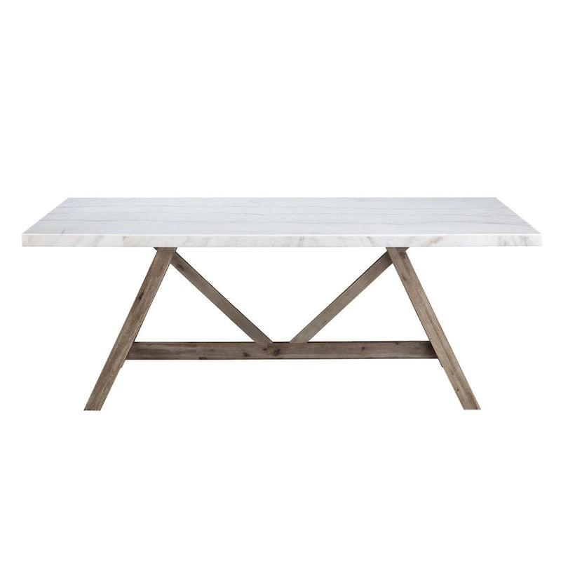 White Marble Top Dining Table with Rustic Wood Trestle Base