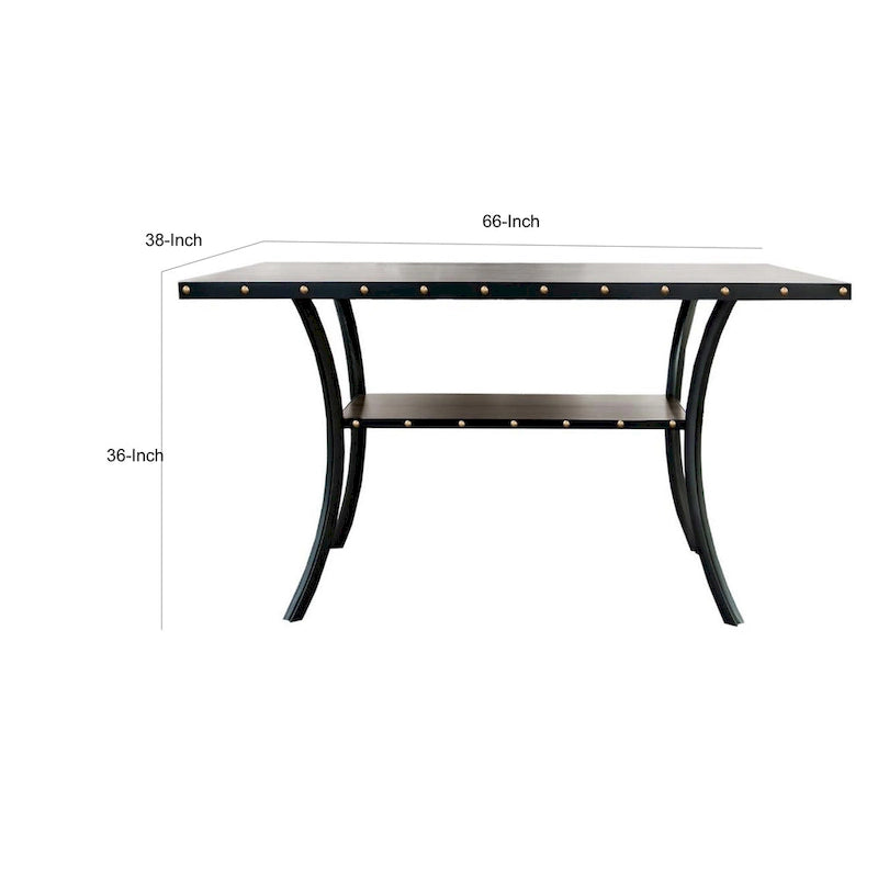 38 Inch Counter Height Dining Table, Rectangular Nailhead Trim, Black Oak Wood