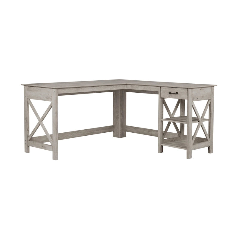 Washed Gray L-Shape Desk with 1 Drawer and 2 Open Shelves