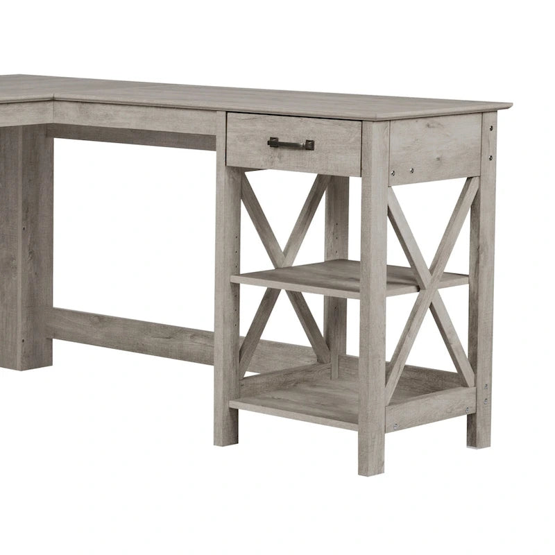 Washed Gray L-Shape Desk with 1 Drawer and 2 Open Shelves