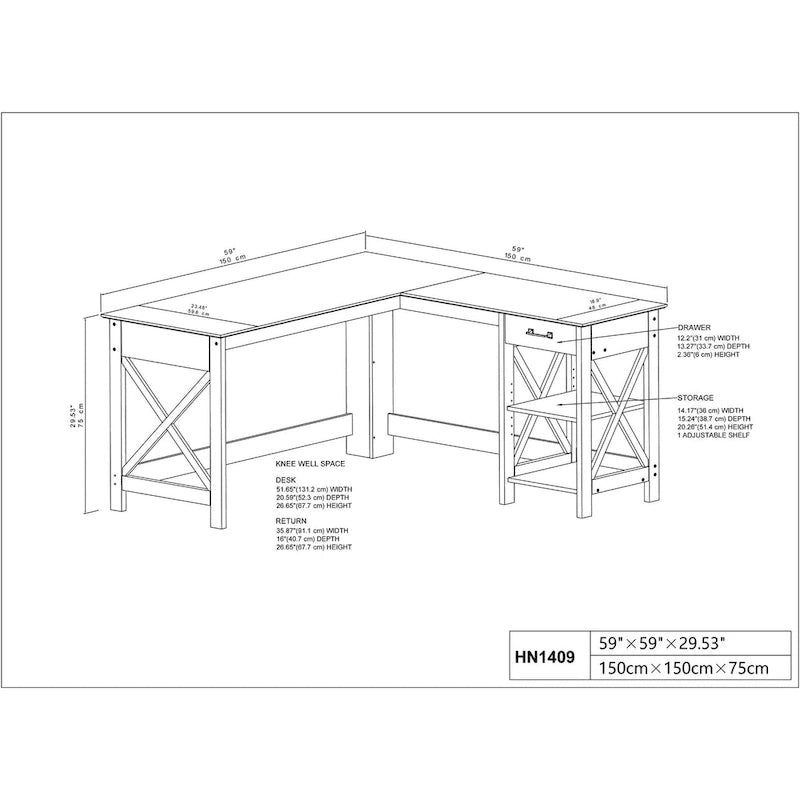 Washed Gray L-Shape Desk with 1 Drawer and 2 Open Shelves