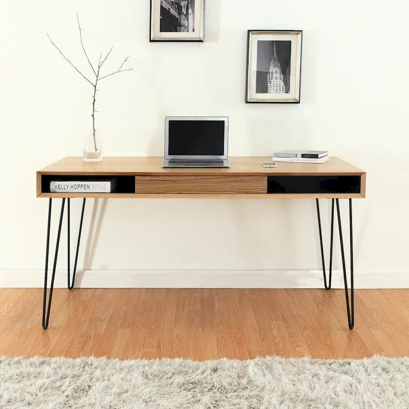 Contemporary Oak Desk with Metal Wire Legs for Home Office