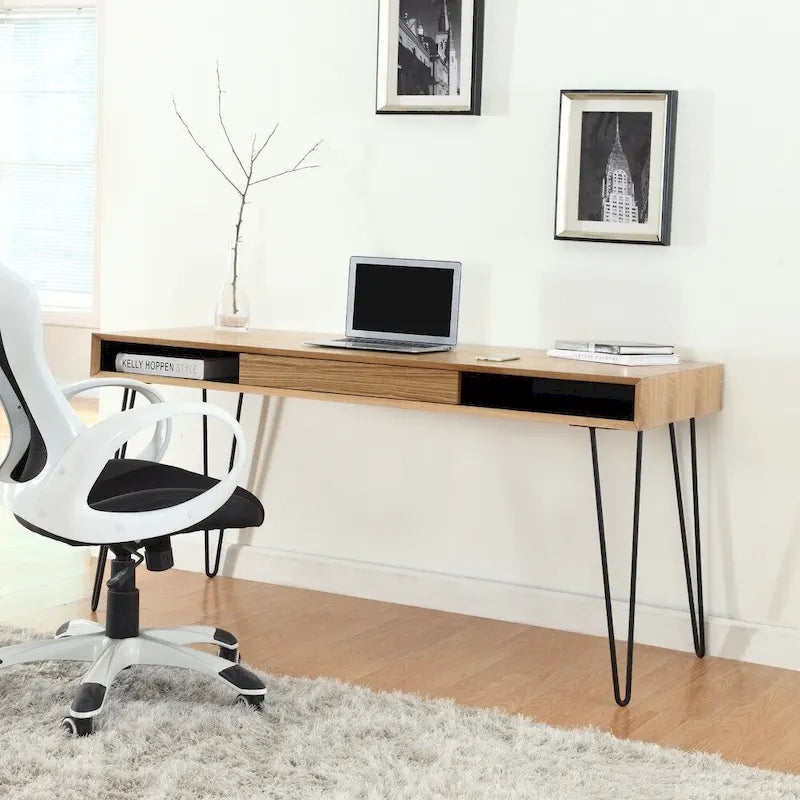 Contemporary Oak Desk with Metal Wire Legs for Home Office