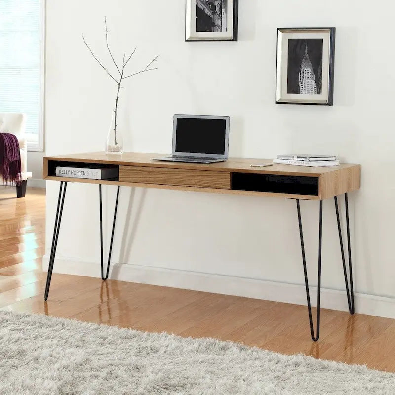 Contemporary Oak Desk with Metal Wire Legs for Home Office