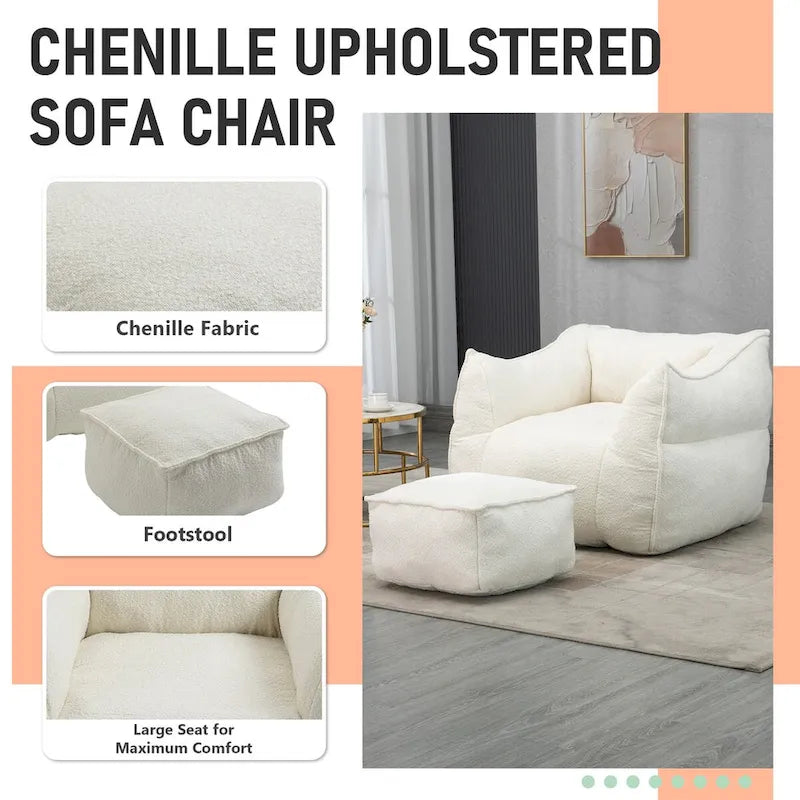 Oversized Fluffy Deep Seat Armless Square Bean Bag Chair with Ottoman