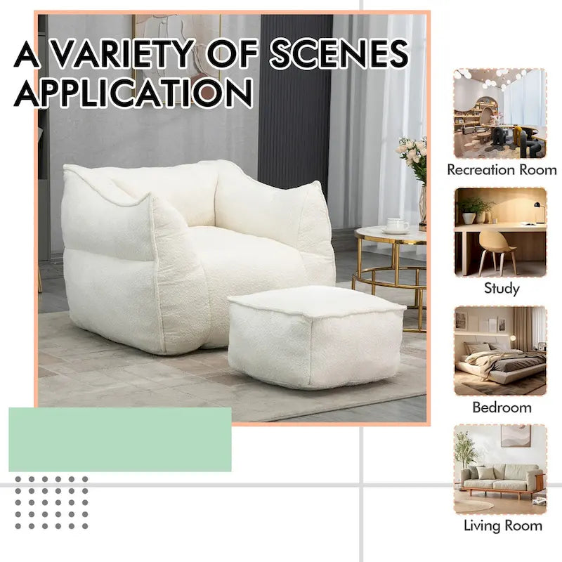 Oversized Fluffy Deep Seat Armless Square Bean Bag Chair with Ottoman