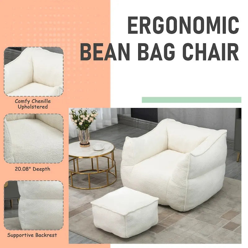 Oversized Fluffy Deep Seat Armless Square Bean Bag Chair with Ottoman