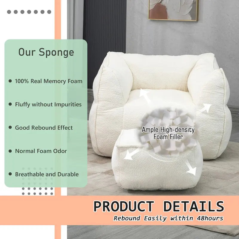 Oversized Fluffy Deep Seat Armless Square Bean Bag Chair with Ottoman
