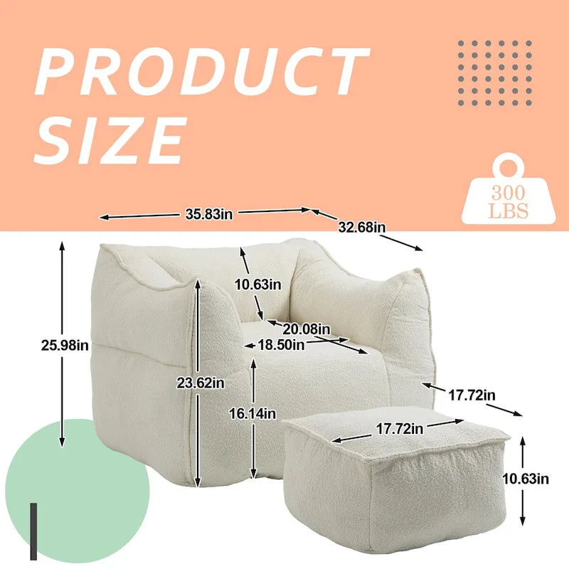 Oversized Fluffy Deep Seat Armless Square Bean Bag Chair with Ottoman
