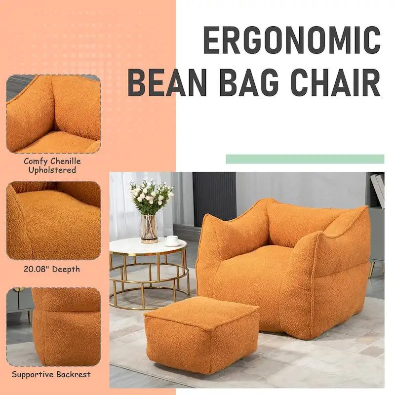 Oversized Fluffy Deep Seat Armless Square Bean Bag Chair with Ottoman