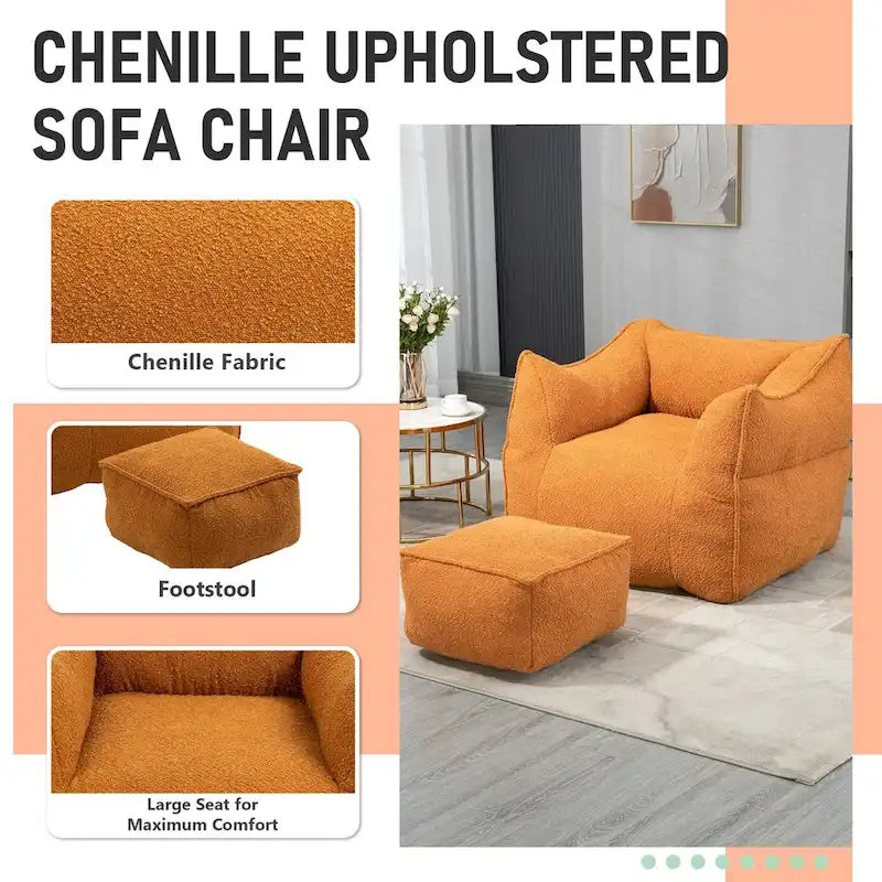 Oversized Fluffy Deep Seat Armless Square Bean Bag Chair with Ottoman