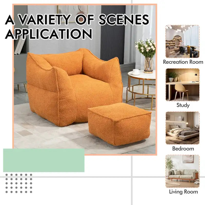 Oversized Fluffy Deep Seat Armless Square Bean Bag Chair with Ottoman