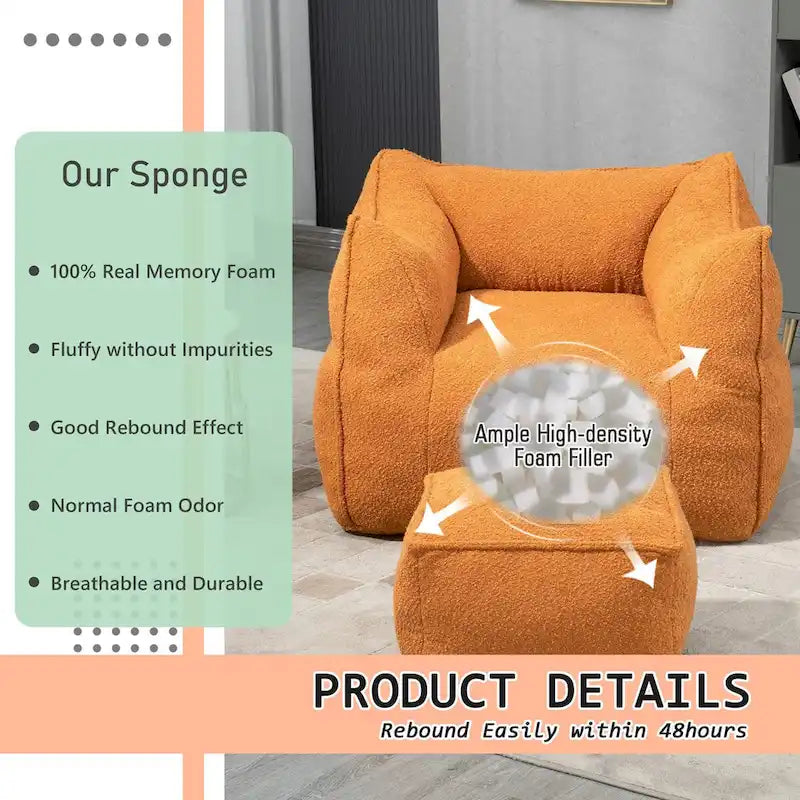Oversized Fluffy Deep Seat Armless Square Bean Bag Chair with Ottoman