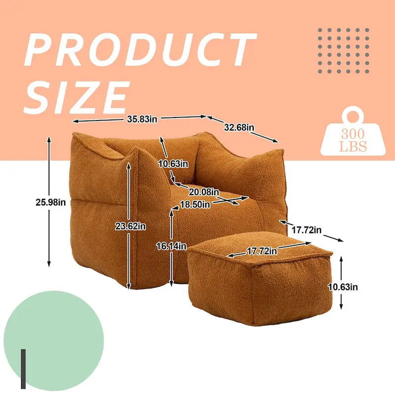 Oversized Fluffy Deep Seat Armless Square Bean Bag Chair with Ottoman