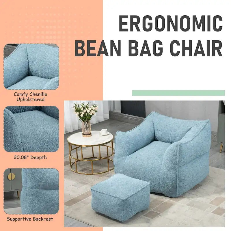Oversized Fluffy Deep Seat Armless Square Bean Bag Chair with Ottoman