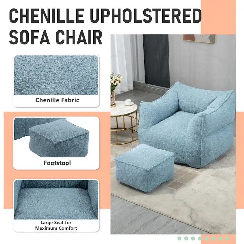 Oversized Fluffy Deep Seat Armless Square Bean Bag Chair with Ottoman