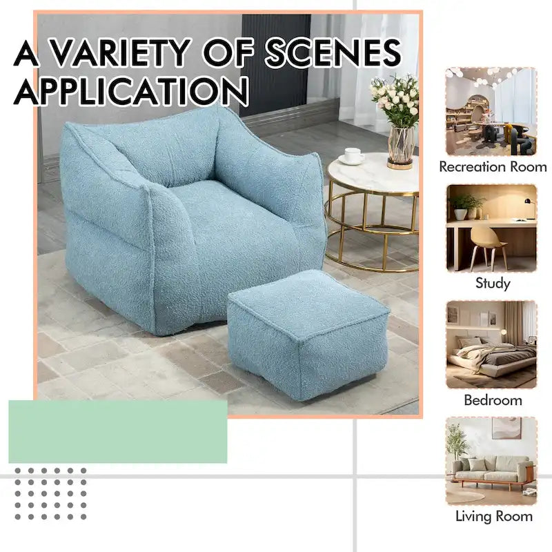 Oversized Fluffy Deep Seat Armless Square Bean Bag Chair with Ottoman