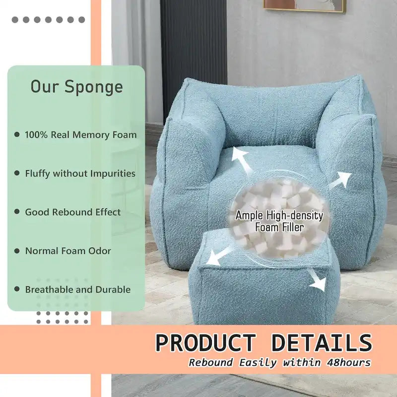 Oversized Fluffy Deep Seat Armless Square Bean Bag Chair with Ottoman