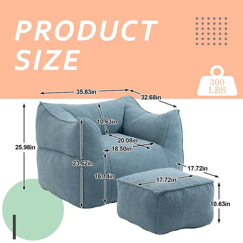 Oversized Fluffy Deep Seat Armless Square Bean Bag Chair with Ottoman