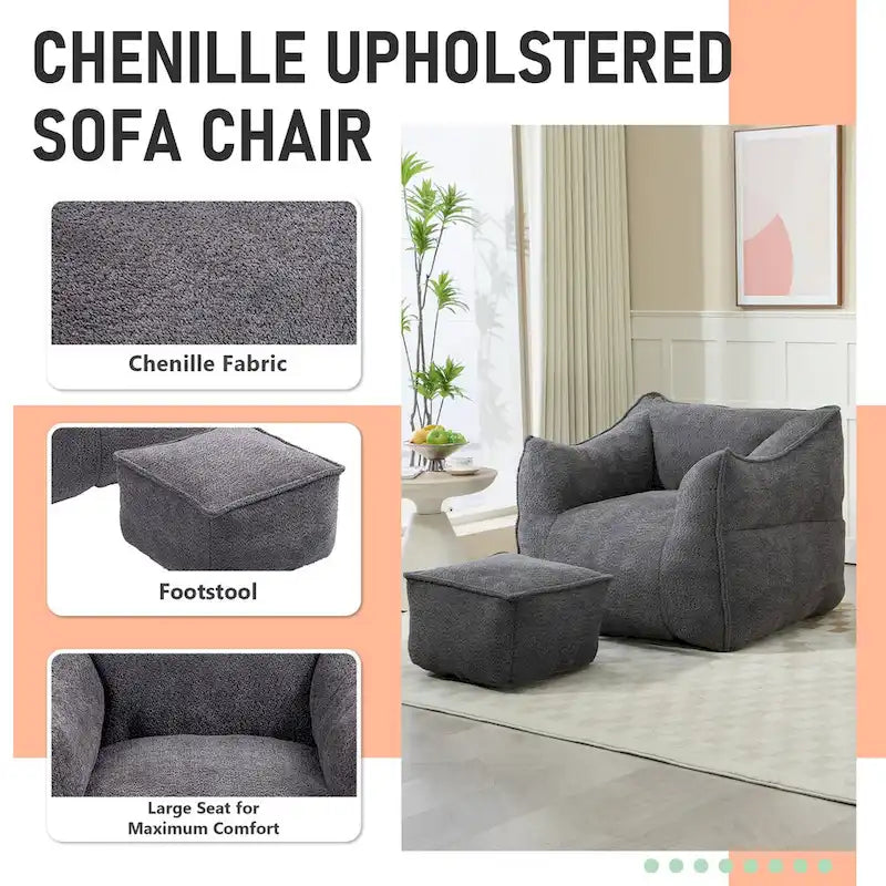 Oversized Fluffy Deep Seat Armless Square Bean Bag Chair with Ottoman
