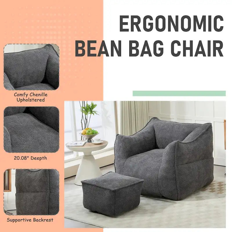 Oversized Fluffy Deep Seat Armless Square Bean Bag Chair with Ottoman