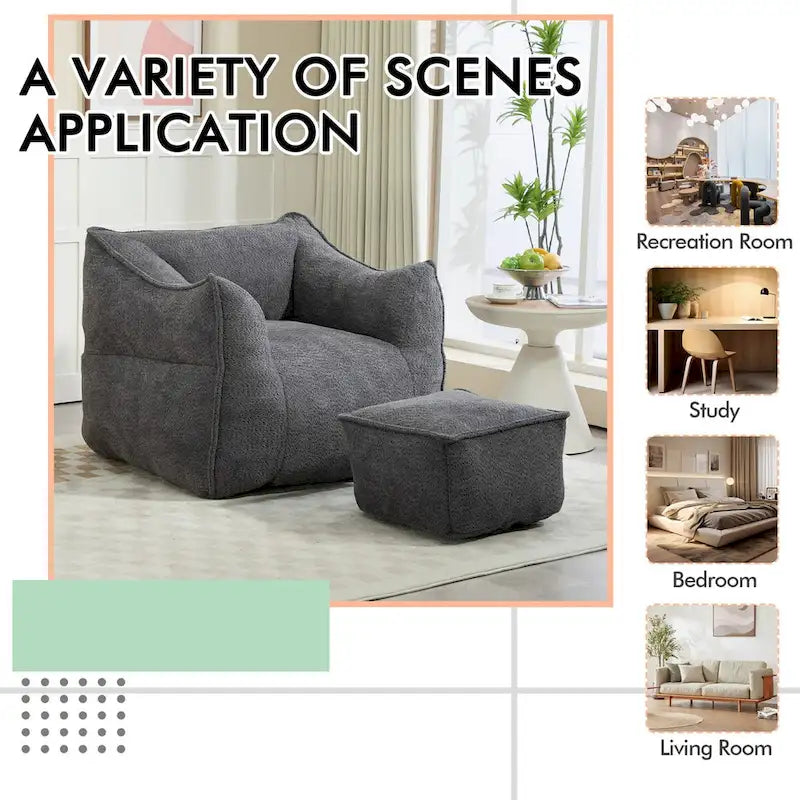 Oversized Fluffy Deep Seat Armless Square Bean Bag Chair with Ottoman