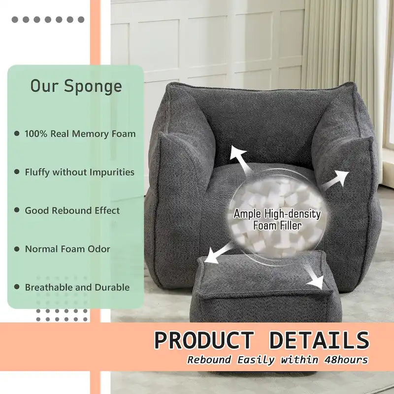 Oversized Fluffy Deep Seat Armless Square Bean Bag Chair with Ottoman