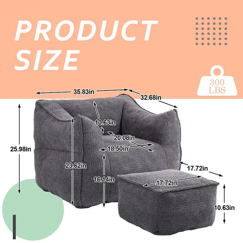 Oversized Fluffy Deep Seat Armless Square Bean Bag Chair with Ottoman