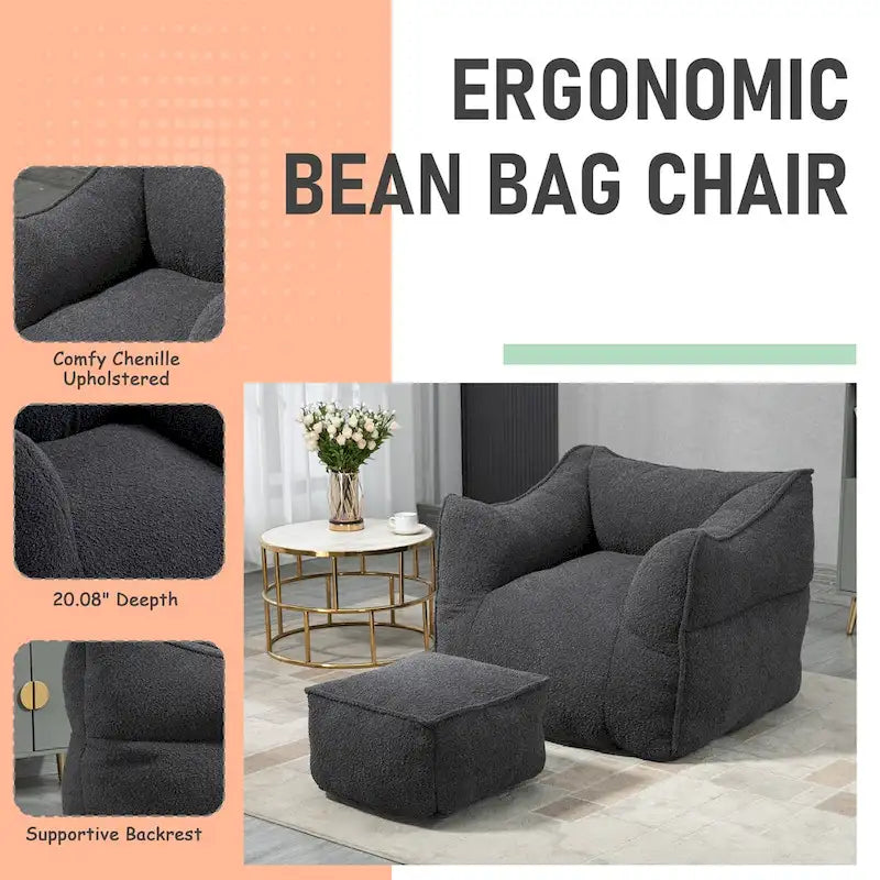 Oversized Fluffy Deep Seat Armless Square Bean Bag Chair with Ottoman