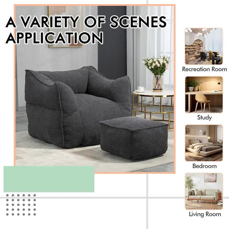Oversized Fluffy Deep Seat Armless Square Bean Bag Chair with Ottoman