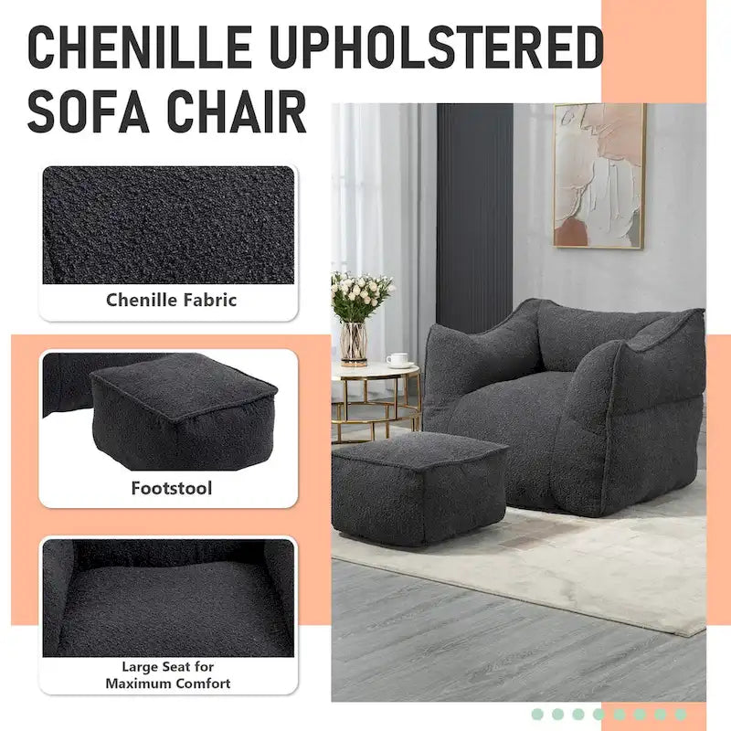 Oversized Fluffy Deep Seat Armless Square Bean Bag Chair with Ottoman