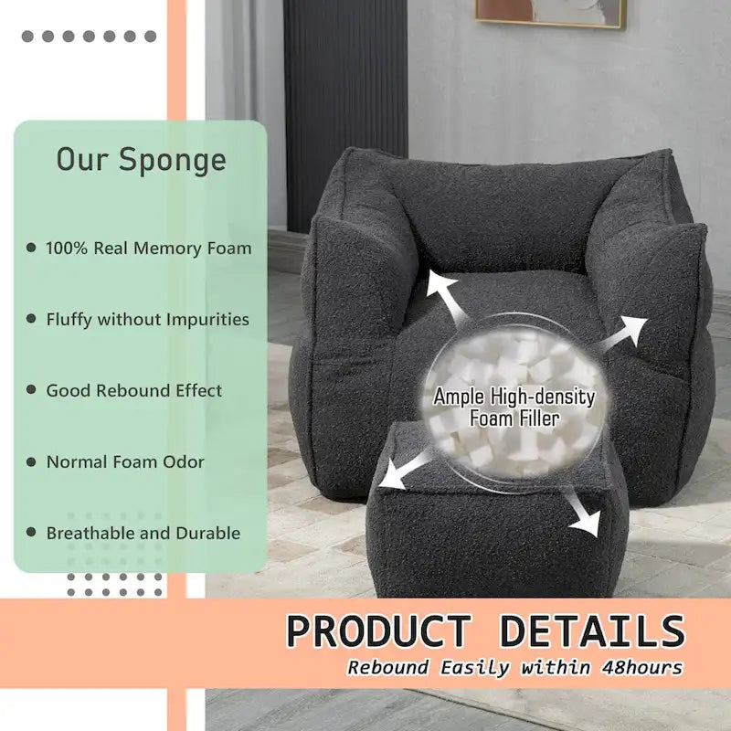 Oversized Fluffy Deep Seat Armless Square Bean Bag Chair with Ottoman
